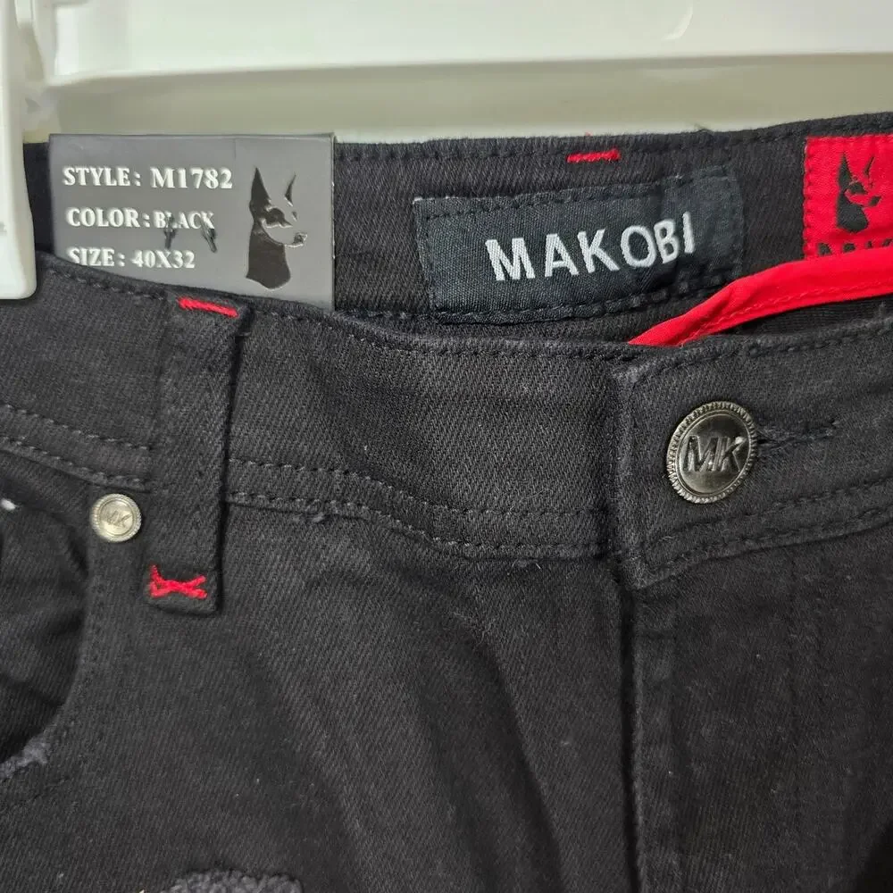 Makobi Big & Tall Ripped Repair Jeans With Leopard Print Patch Black 40/32 NWT